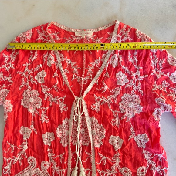 Solitaire Tunic Top Wrap Coral Pink White Embroidered Bohemian Boho Chic Coverup - Picture 4 of 7